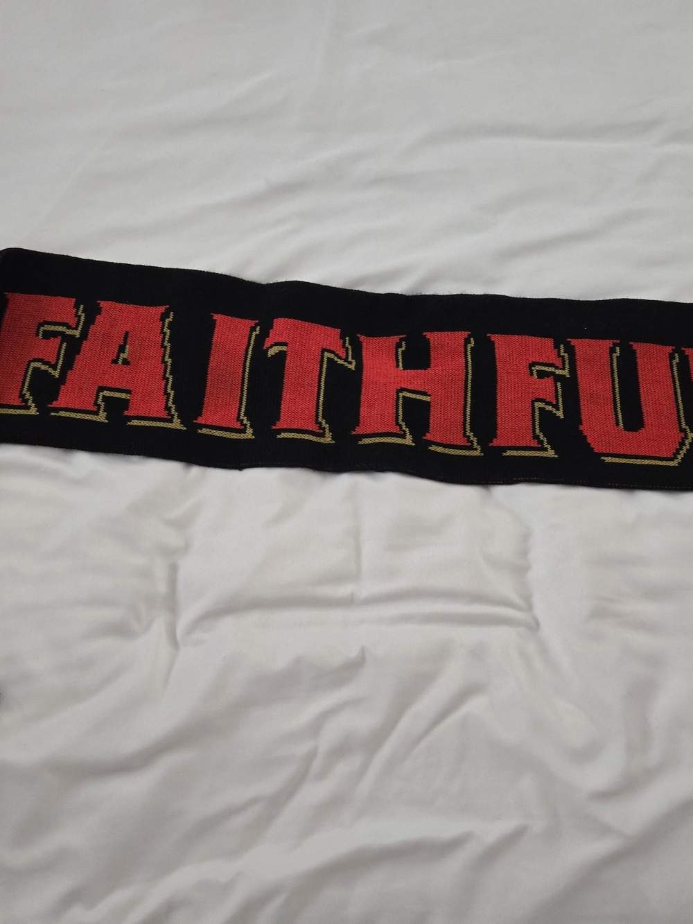 Source Unknown Black Scarf with Red and Gold "FAITHFUL" Lettering